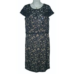 Jackie Jon New York Dress Navy Blue & Nude Lace Sequin Beaded Romantic Feminine